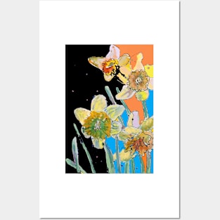 Abstract Yellow Daffodil Watercolor Pattern on Mulit Coloured Posters and Art